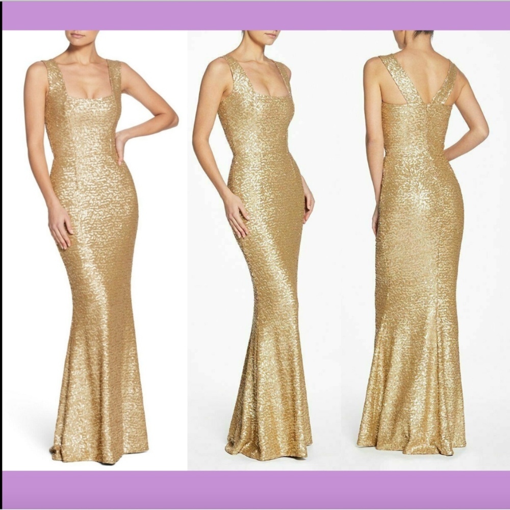 NEW Dress the Population Raven Sequin Gown Gold XS